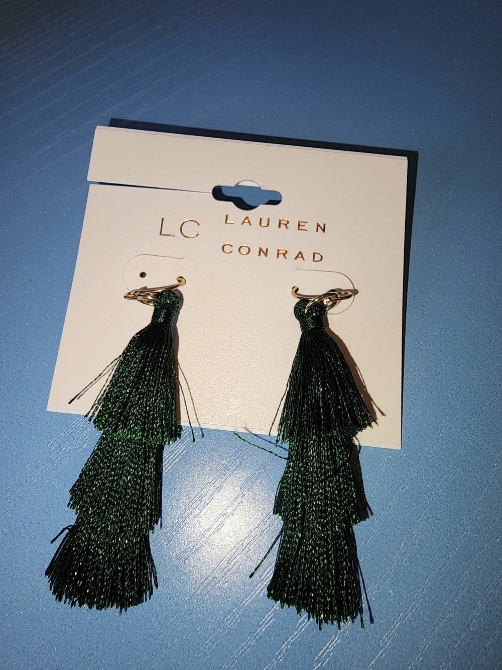 LC Lauren Conrad Dark Green Layered Tassel Drop Earrings with Gold Accents